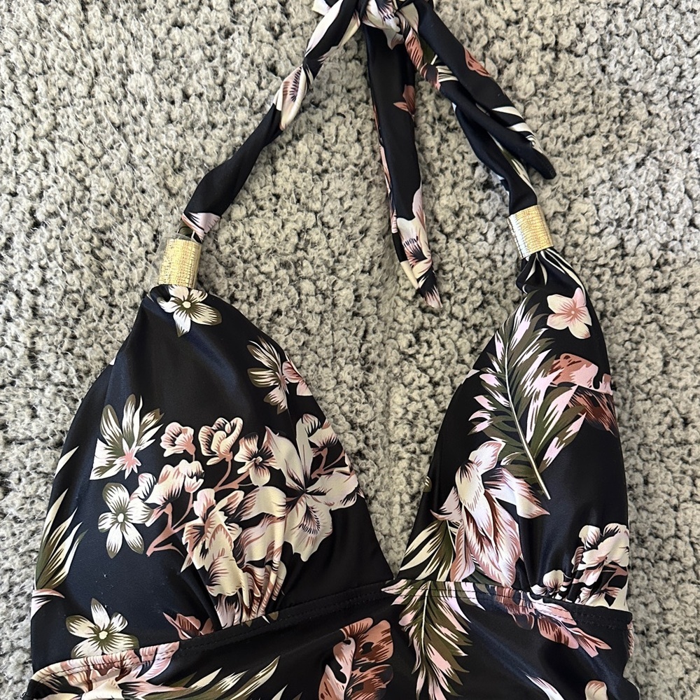 Floral Halter One-Piece Swimsuit - Black with Pink & Cream Blooms size XL - Picture 3 of 4